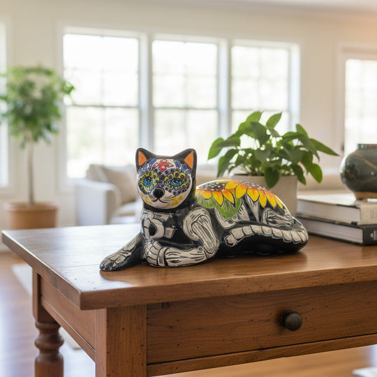 The Talavera Hub black ceramic cat statue with Day of the Dead painted details, sunflowers, and skeletal accents.