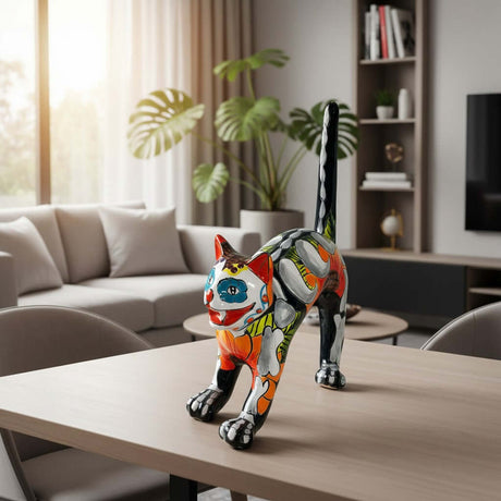 The Talavera Hub handmade ceramic cat statue, arched pose, vibrant Day of the Dead folk art design with colorful patterns.