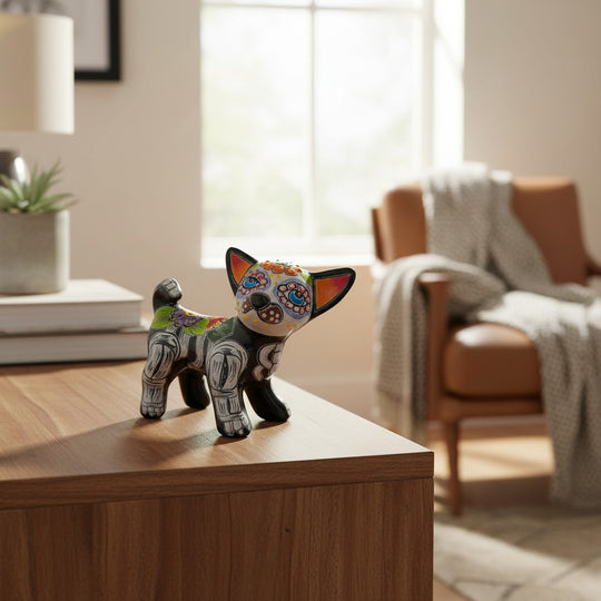 The Talavera Hub hand-painted ceramic Chihuahua statue with Day of the Dead motifs, featuring floral designs and skeletal details.
