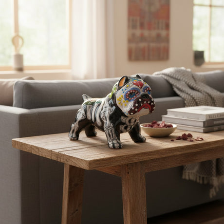 The Talavera Hub handcrafted ceramic dog statue with vibrant Day of the Dead folk art patterns on a wooden table.