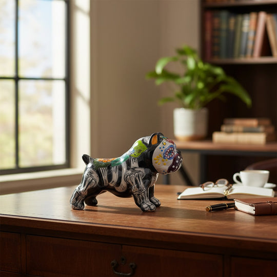 The Talavera Hub handcrafted ceramic dog statue with vibrant Day of the Dead patterns on a wooden desk.