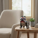 The Talavera Hub handcrafted ceramic dog statue featuring a vibrant Day of the Dead design on a wooden side table.