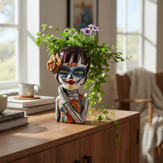 The Talavera Hub handmade ceramic Day of the Dead face planter, hand-painted with intricate floral patterns and a yellow flower accent.
