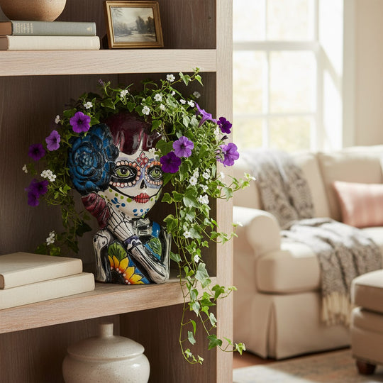 The Talavera Hub handmade ceramic Day of the Dead face planter pot, hand-painted with floral details and a blue rose.