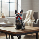 The Talavera Hub Day of the Dead French Bulldog statue, handcrafted ceramic with vibrant colors and intricate details.