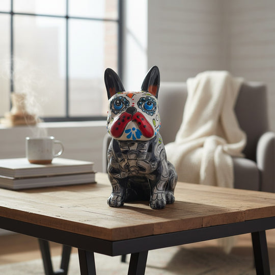 The Talavera Hub Day of the Dead French Bulldog statue, handcrafted ceramic with vibrant colors and intricate details.