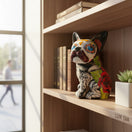 The Talavera Hub Day of the Dead French Bulldog statue, hand-painted ceramic with floral and bone accents.