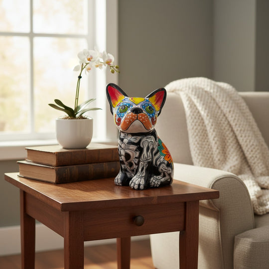 The Talavera Hub Day of the Dead French Bulldog statue, hand-painted ceramic with skeleton design and floral face accents.