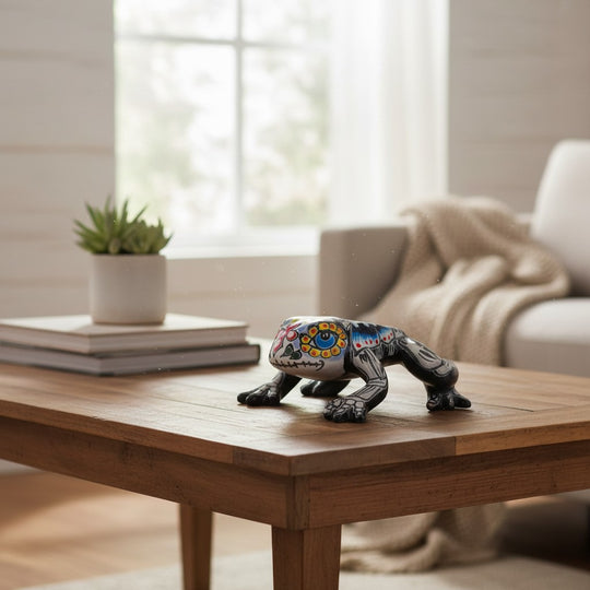 The Talavera Hub black and gray ceramic frog figurine with colorful floral and skull motifs, 7" long, for Day of the Dead wall art.