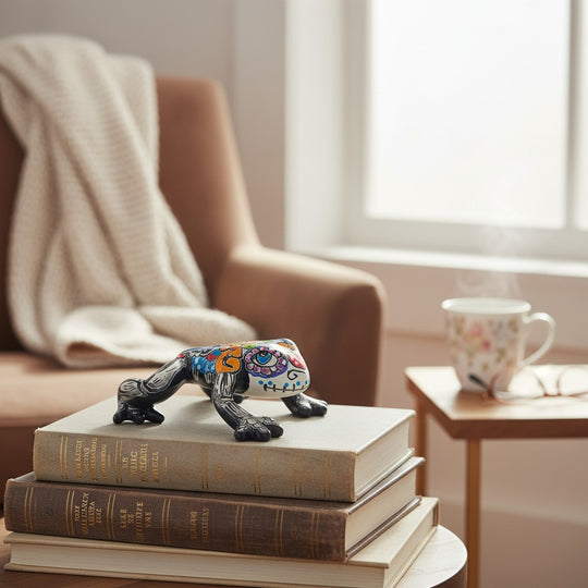 The Talavera Hub Day of the Dead frog figurine, handcrafted ceramic with colorful floral and skull motifs, 7" long.
