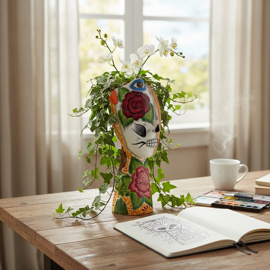 The Talavera Hub Day of the Dead ceramic planter shaped like a woman's head with a half-face skull design and floral accents.