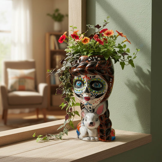 The Talavera Hub Day of the Dead lady planter with sugar skull face, braided hair, and bunny. Hand-painted ceramic.
