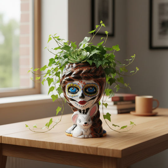 The Talavera Hub Day of the Dead lady planter with sugar skull face, braided hair, and white bunny. Hand-painted ceramic.