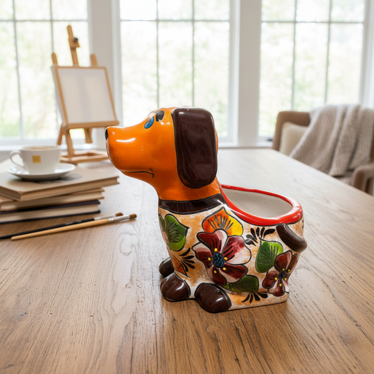 The Talavera Hub medium orange dog planter hand-painted with colorful flowers and brown details.