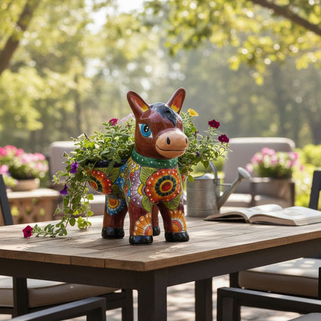 The Talavera Hub Talavera Donkey Planter, a ceramic burro pot with hand-painted floral patterns in vibrant blues, greens, yellows, and reds.