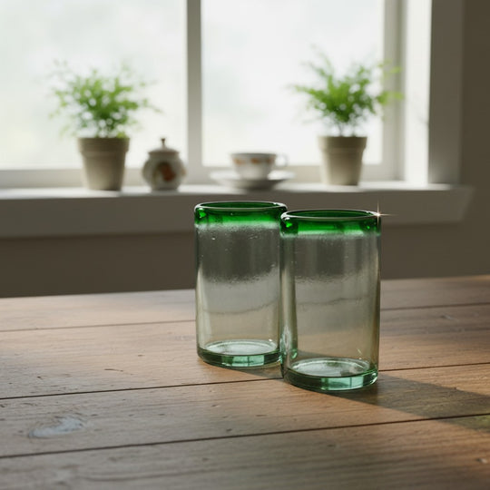 The Talavera Hub hand-blown clear glass tumbler with emerald green rim, 5" tall, artisan crafted in Mexico.