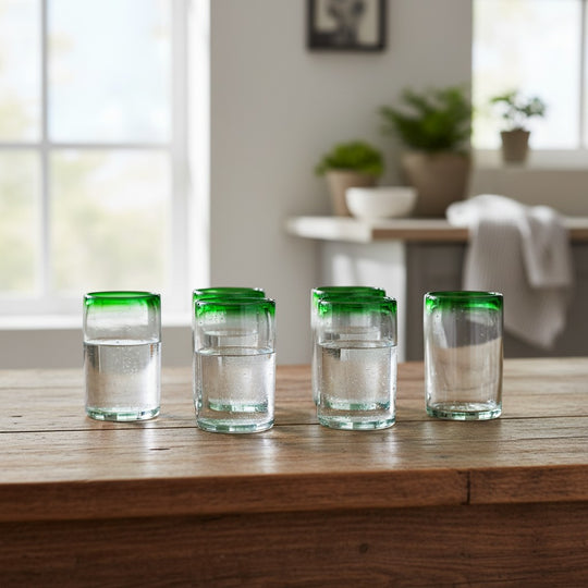 The Talavera Hub hand-blown Mexican tumbler glass with clear body and emerald green rim, 5" tall, set of 6.