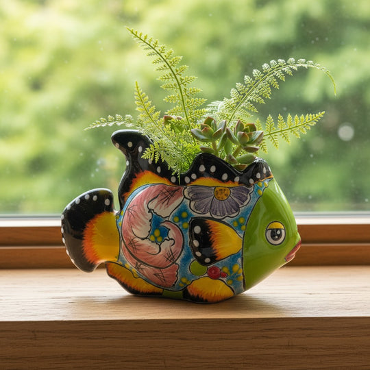 The Talavera Hub hand-painted Talavera fish planter in ceramic. Features a yellow face, blue fins, and floral motifs. 10.5" long.