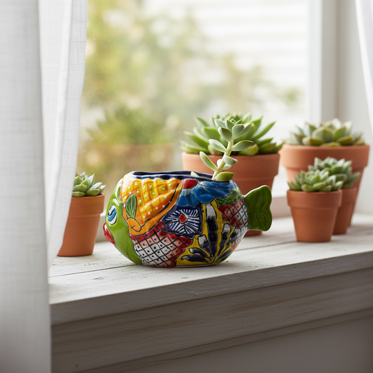 The Talavera Hub small green fish planter, hand-painted with colorful floral and geometric patterns, ceramic pottery.