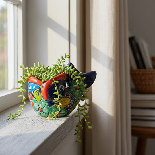 The Talavera Hub hand-painted ceramic fish planter with colorful floral motifs holding a trailing succulent on a sill.