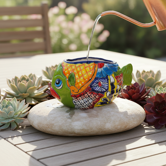 The Talavera Hub small green fish planter, hand-painted with colorful floral and geometric patterns, made of pottery.
