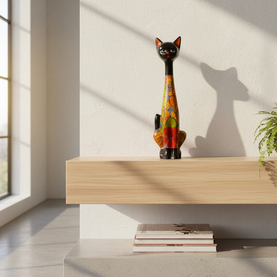 The Talavera Hub tall cat statue with a black head and vibrant floral terracotta body on a wooden shelf.