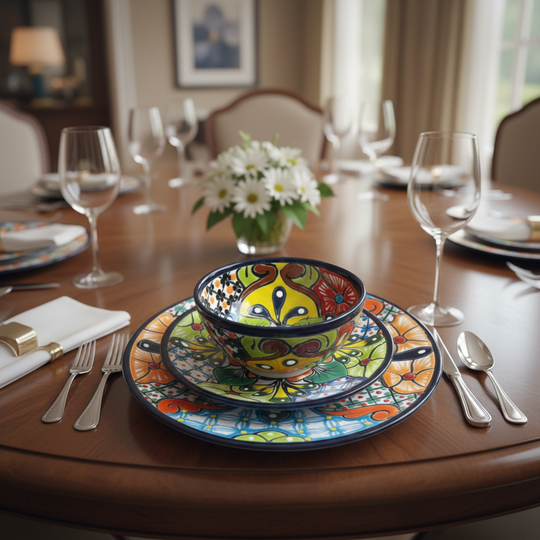 The Talavera Hub 51-piece dinnerware set with vibrant floral patterns in blue, yellow, green, and orange. Hand-painted ceramic.