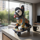 The Talavera Hub colorful ceramic French Bulldog statue on a skateboard, hand-painted with vibrant patterns.