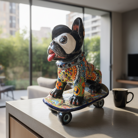 The Talavera Hub colorful ceramic French Bulldog statue on a skateboard, hand-painted with vibrant patterns.