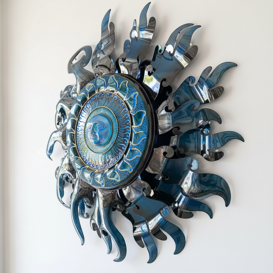 The Talavera Hub Giant Sun Wall Art, handmade Mexican metalwork with blue face and radiant rays, includes light fixture.