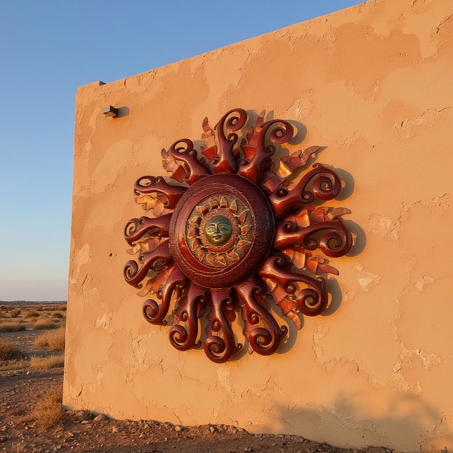 The Talavera Hub Giant Sun Wall Art, handmade metalwork with a face and red swirling rays, includes light fixture.