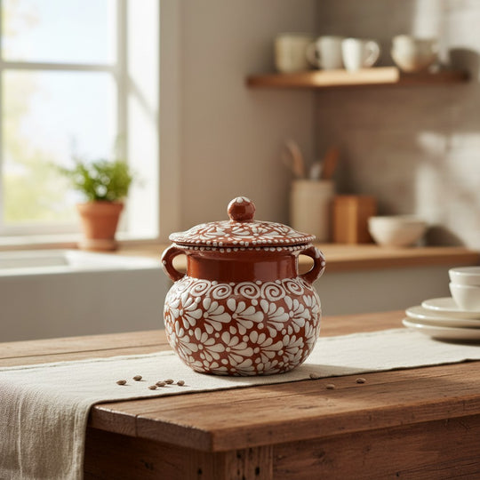 The Talavera Hub brown and white glazed ceramic bean pot with lid, featuring a floral design and dual handles. Ideal for serving or decor.