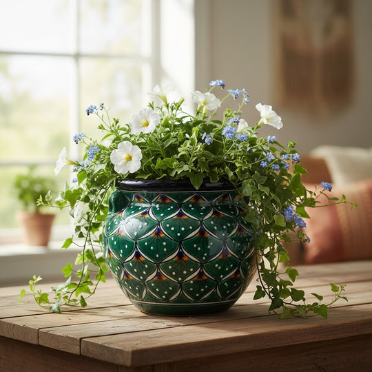 The Talavera Hub green peacock Talavera flower pot with intricate floral motifs, 10" tall, 12" wide.