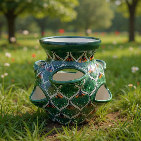 The Talavera Hub hand-painted ceramic strawberry planter in green with peacock-inspired patterns on a grassy lawn.