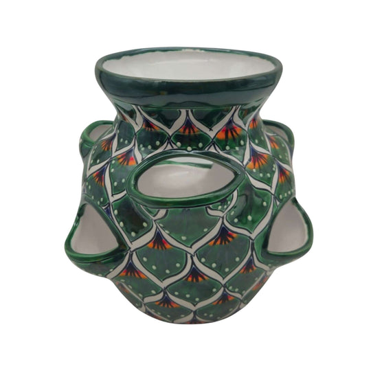 The Talavera Hub handmade ceramic strawberry planter with green peacock-inspired pattern and multiple side openings.