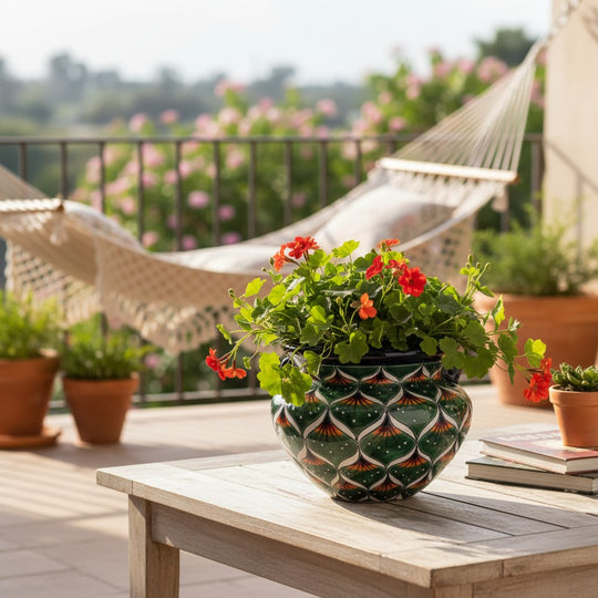 The Talavera Hub green peacock design Talavera flower pot, handmade ceramic with intricate floral motifs and a dark blue rim.