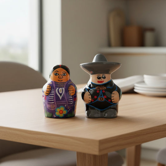 The Talavera Hub hand-painted Guerrero pottery salt and pepper shakers, featuring a couple in traditional Mexican attire.