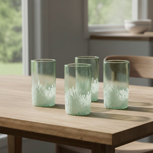 The Talavera Hub hand-blown Mexican highball glasses feature a clear top half and a white pebble-like pattern at the base. Set of 4.