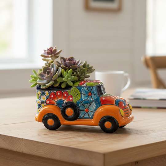The Talavera Hub hand-painted ceramic car planter. Small orange truck with colorful floral designs and blue trim.