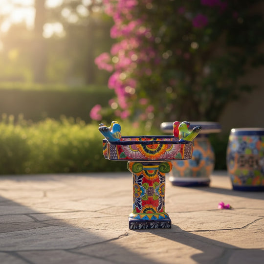 The Talavera Hub hand-painted ceramic bird bath with vibrant floral patterns and perched birds in a garden setting.