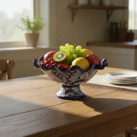 The Talavera Hub hand-painted blue and white ceramic fruit bowl filled with apples, grapes, cherries, kiwi, and lemon.