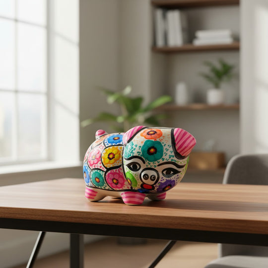 The Talavera Hub handmade ceramic piggy bank with vibrant hand-painted floral and geometric patterns on a wooden table