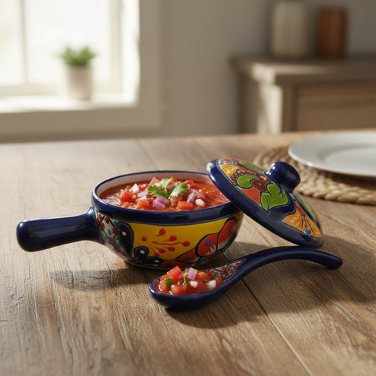 The Talavera Hub hand-painted ceramic salsa bowl with lid and spoon. Multicolor floral and geometric pattern on yellow and blue glaze.