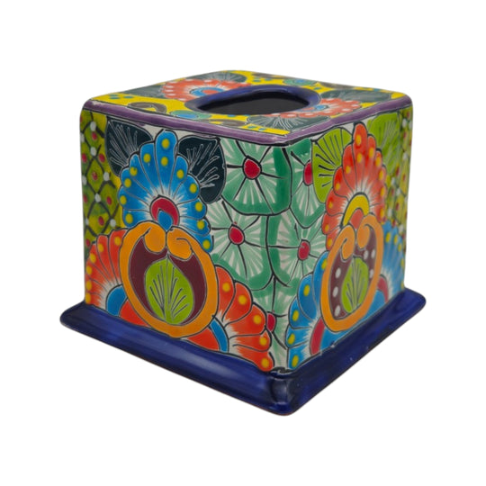 The Talavera Hub hand-painted ceramic square tissue box cover with vibrant floral patterns and colorful glaze.
