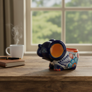 The Talavera Hub hand-painted ceramic elephant planter in blue, orange, and white with floral designs.
