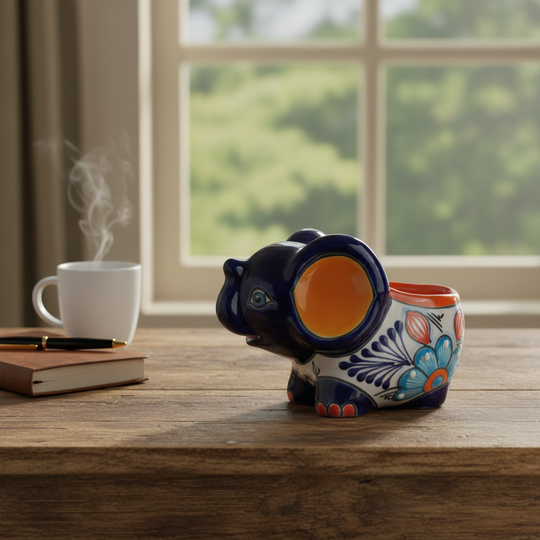 The Talavera Hub hand-painted ceramic elephant planter in blue, orange, and white with floral designs.