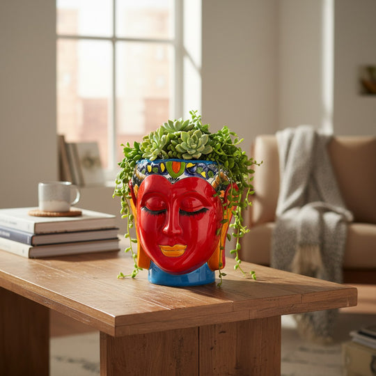 The Talavera Hub hand-painted ceramic face planter in red, orange, blue, and yellow with black eyes and detailed headdress.