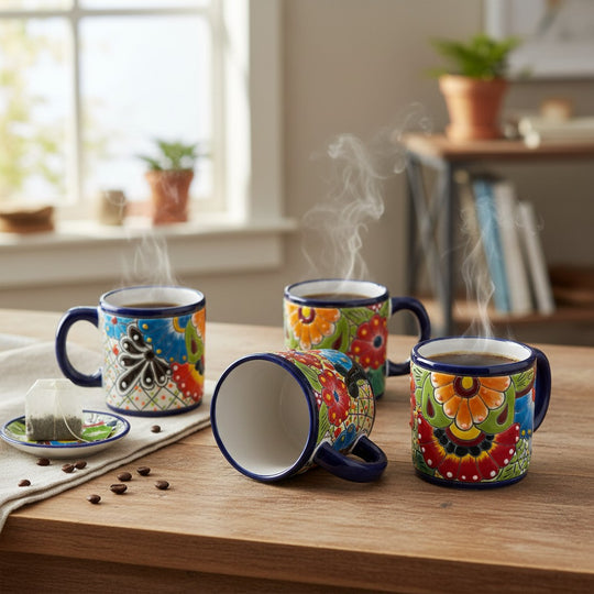 The Talavera Hub hand-painted ceramic coffee mugs with vibrant floral patterns in blue, red, and green on a table.