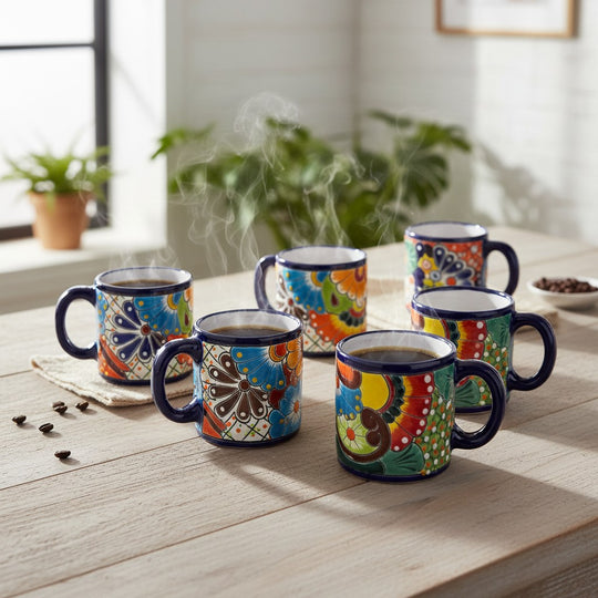 The Talavera Hub hand-painted ceramic coffee mugs with vibrant floral patterns on a wooden table with steam