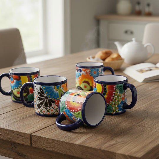 The Talavera Hub hand-painted ceramic coffee mugs featuring vibrant floral patterns in blue, red, and green on a table.